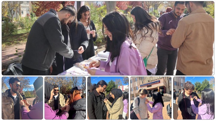GAÜN ÖĞRENCİLERİ KADINA YÖNELİK ŞİDDETE DİKKAT ÇEKMEK İÇİN MOR KURDELE DAĞITTI_
